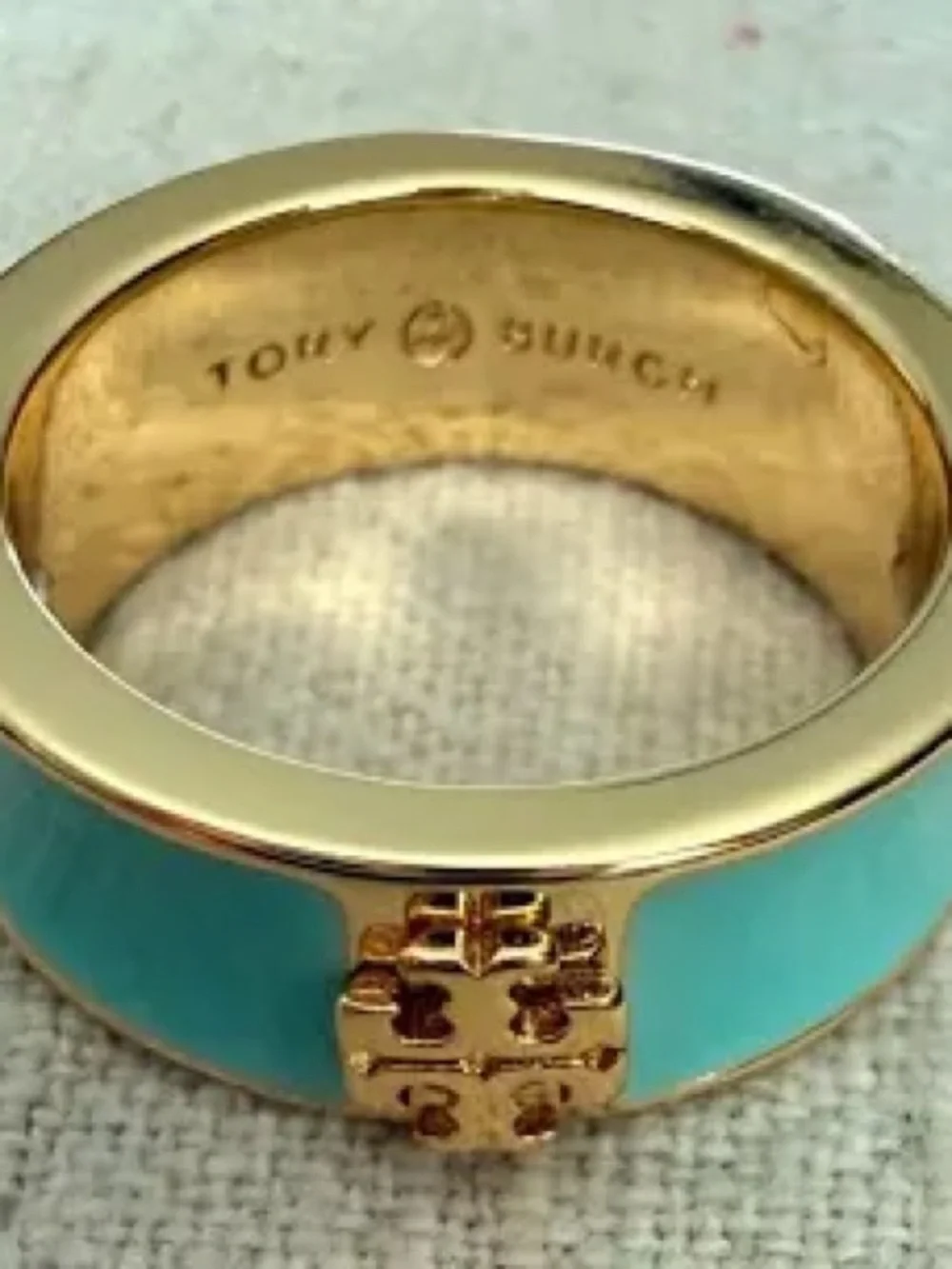Tory Burch Gold Tone Ring with Tiffany Blue Enamel